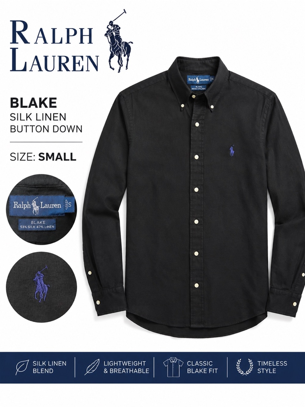 Ralph Lauren Blake Silk Linen Button Down Shirt Black Pony Logo Size Small